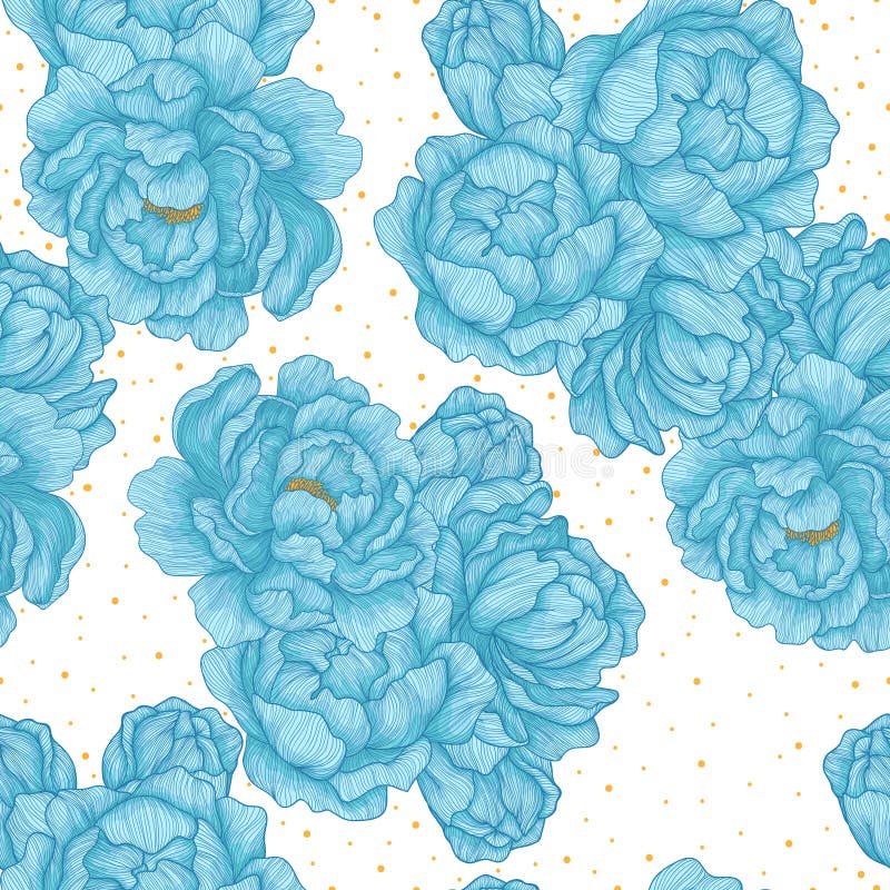 Vector seamless pattern with hand drawn blue blooming peonies and dots. Floral reapeted background on white. stock illustration