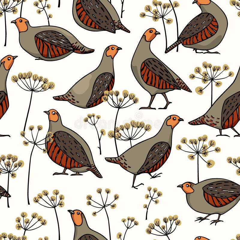 Hand drawn grey partridges seamless pattern stock illustration