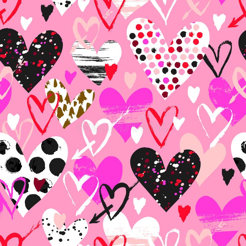 Vector Seamless Pattern with Hand Drawn Hearts Stock Vector ...