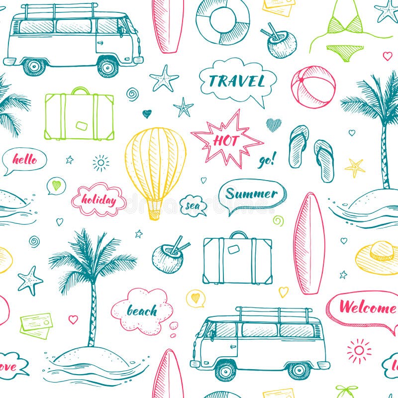 Vector seamless pattern of hand drawn travel doodle royalty free illustration