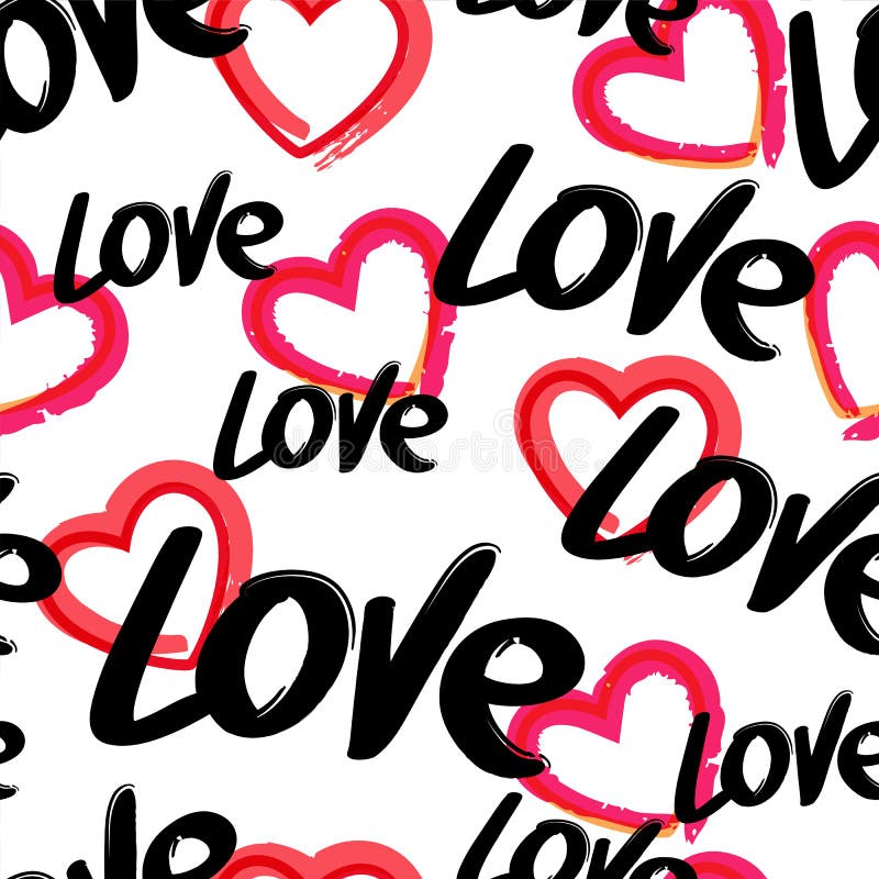 Vector seamless pattern with hand drawn word love and red heart, isolated on white background.