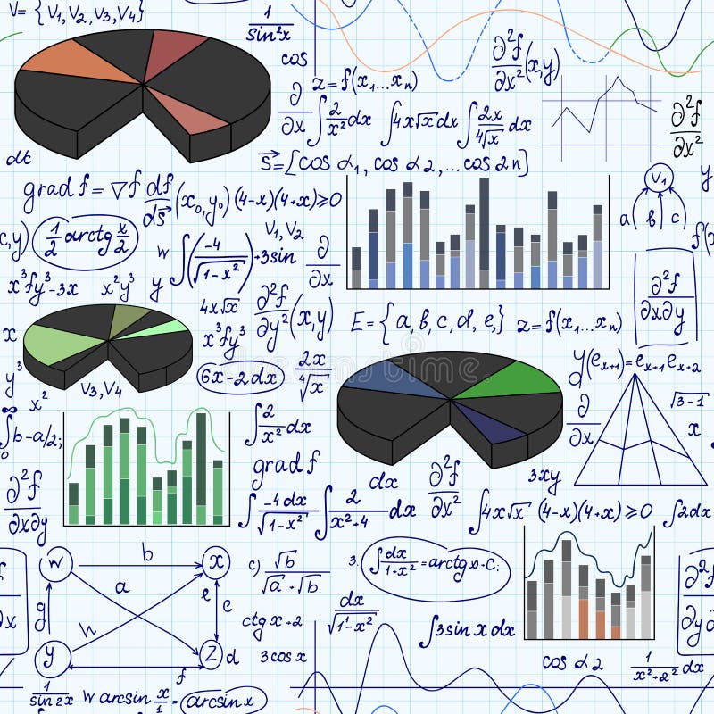 Vector seamless pattern with handwritten round diagrams, multicolored flow charts and plots and mathematical formulas vector illustration.