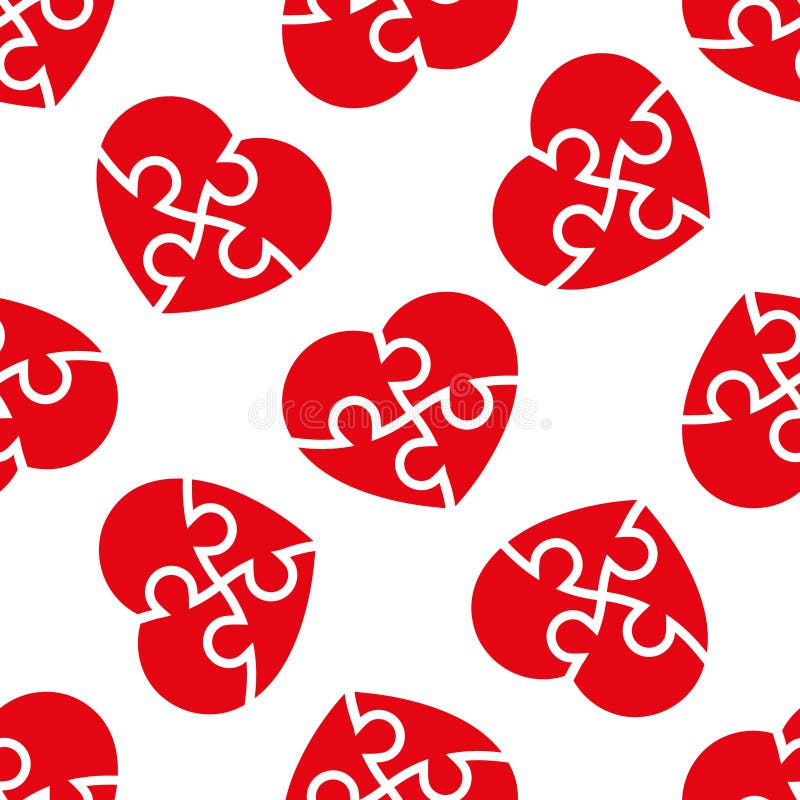 Vector seamless pattern with heart puzzle isolated on white background. Heart shaped puzzle with four interlocking pieces. Symbol royalty free illustration