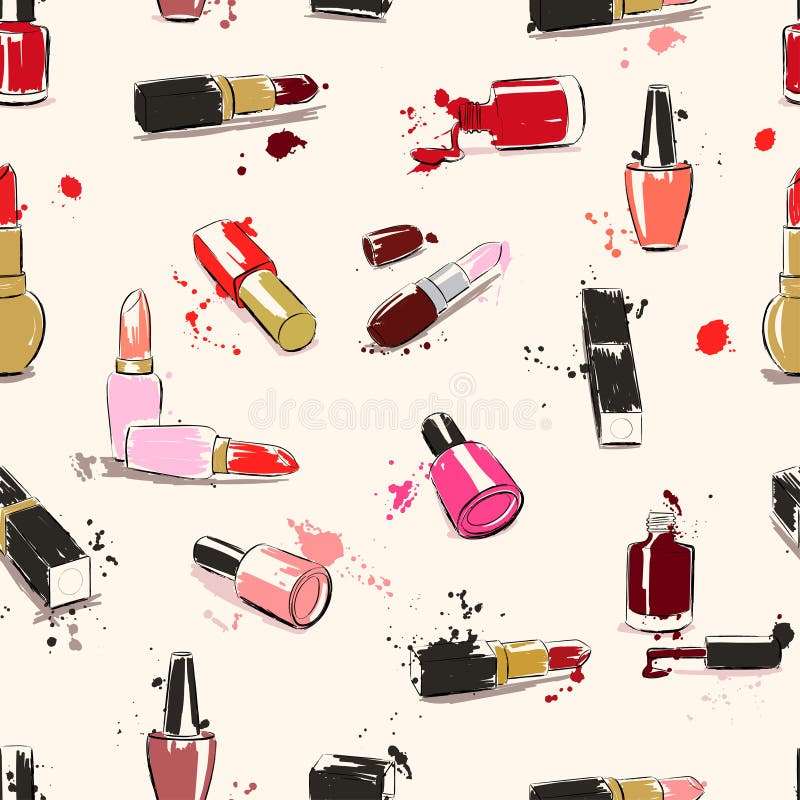 Vector seamless pattern with lipstick & nail polish