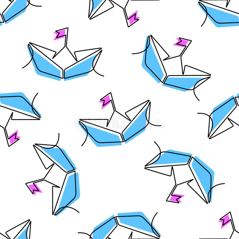 Vector seamless pattern with origami boat and crane, continuous one line art hand drawing. Marine background with thin line icons royalty free illustration