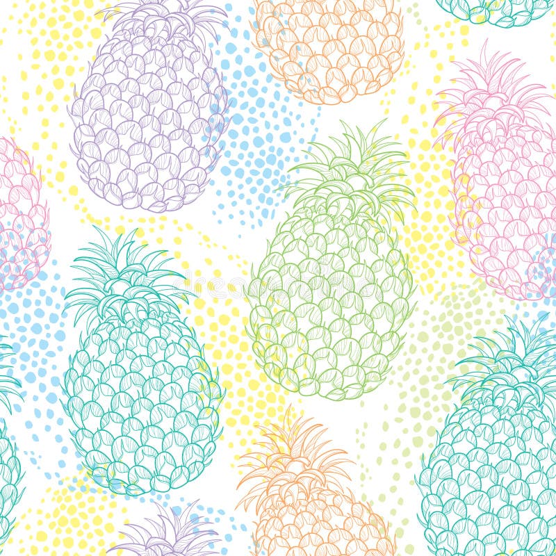 Vector seamless pattern with outline Ananas or Pineapple in pastel color and dots on the white background. Fruit pattern. vector illustration