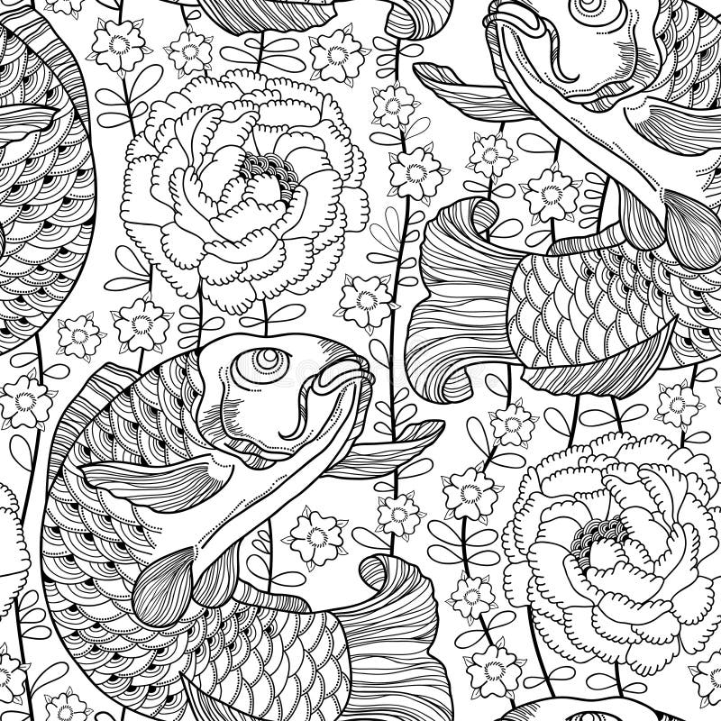 Vector seamless pattern with outline black koi carp and chrysanthemum or dahlia on the white background. Japanese ornate fish. stock illustration