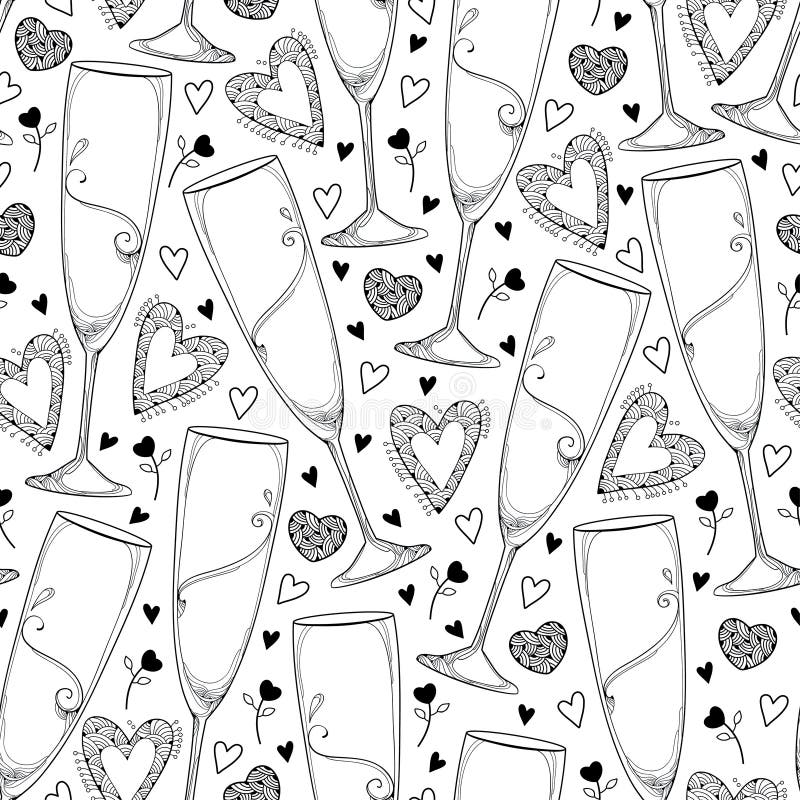 Vector seamless pattern with outline champagne glass and hearts in black on the white background. Pattern in contour style. vector illustration