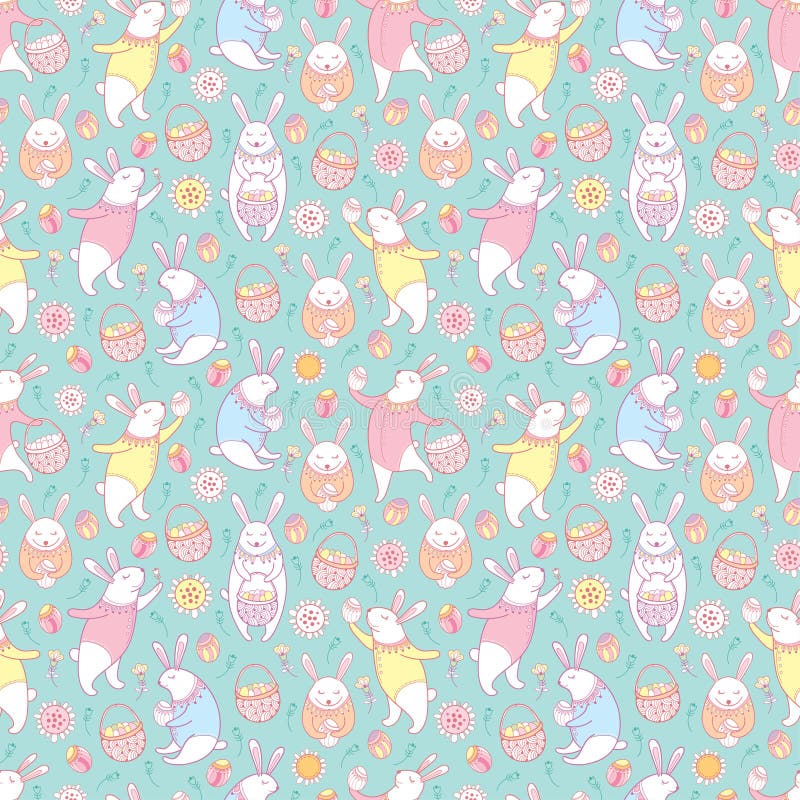 Vector seamless pattern with outline Easter rabbits, egg, basket and flowers in pastel colors on the turquoise background. vector illustration