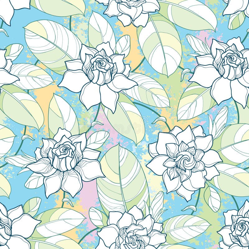 Vector seamless pattern with outline Gardenia flower in pastel color. Ornate bud and leaves on the textured pastel background. vector illustration