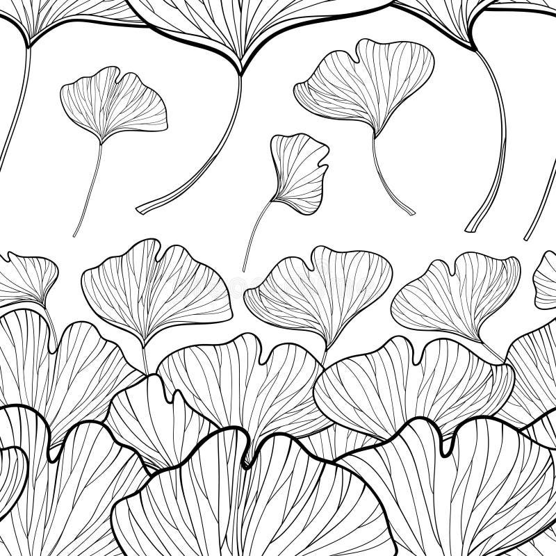 Vector seamless pattern with outline Gingko or Ginkgo biloba leaves in black on the white background. Floral pattern with Gingko. royalty free illustration