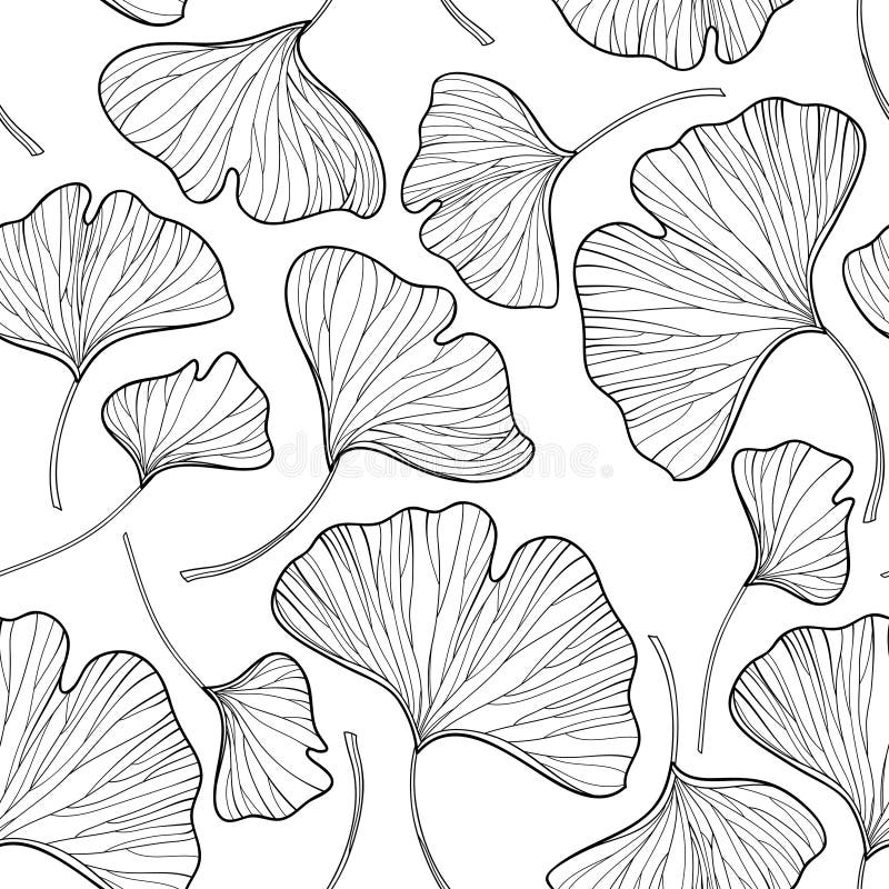 Vector seamless pattern with outline Gingko or Ginkgo biloba leaves in black on the white background. Floral pattern with Gingko. vector illustration