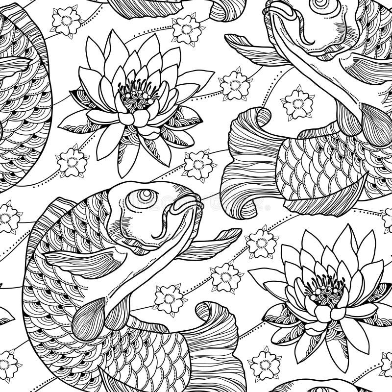 Vector seamless pattern with outline koi carp and lotus or water lily in black on the white background. Japanese ornate fish. vector illustration