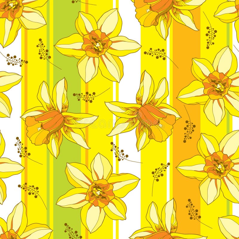 Vector seamless pattern with outline narcissus or daffodil flower in orange and yellow on the striped backdrop. Floral background. royalty free illustration