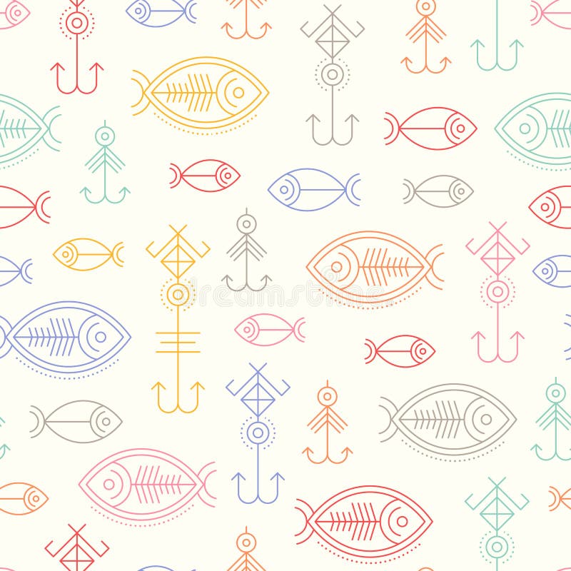 Vector seamless pattern with outlined fishing signs