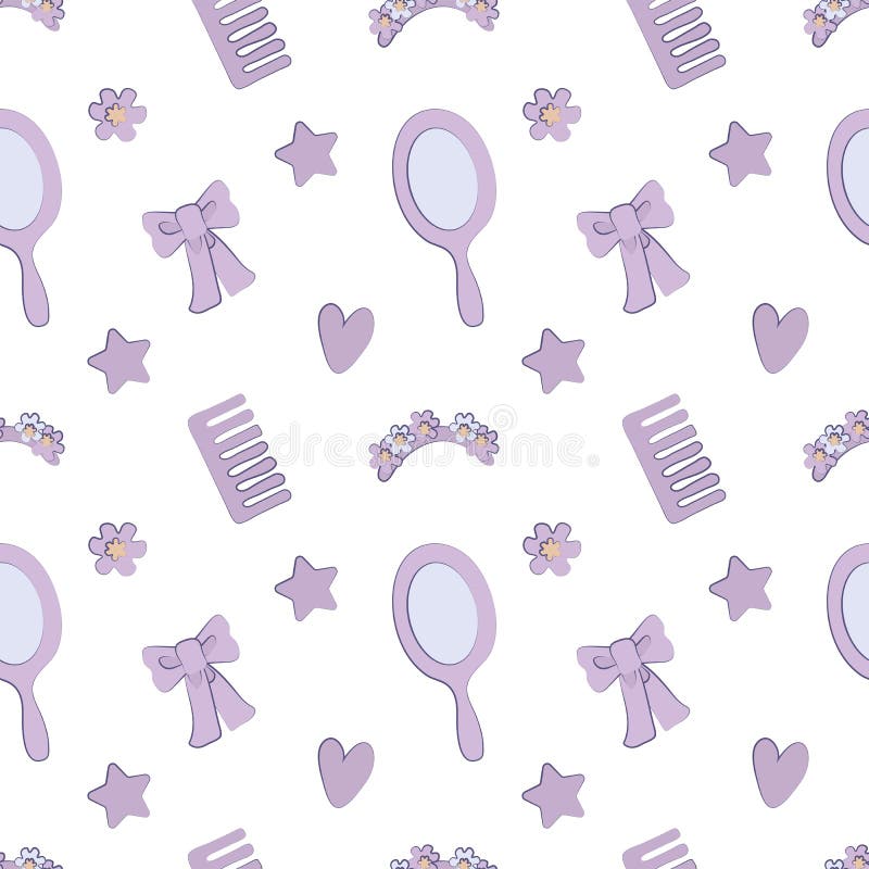 Vector Seamless Pattern with Pastel Purple Mirror, Bow, Star with Dark