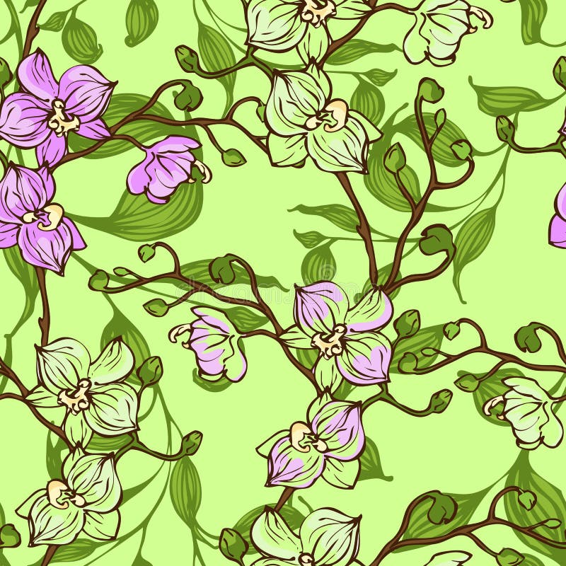 Vector seamless pattern with pink and green orchid flowers