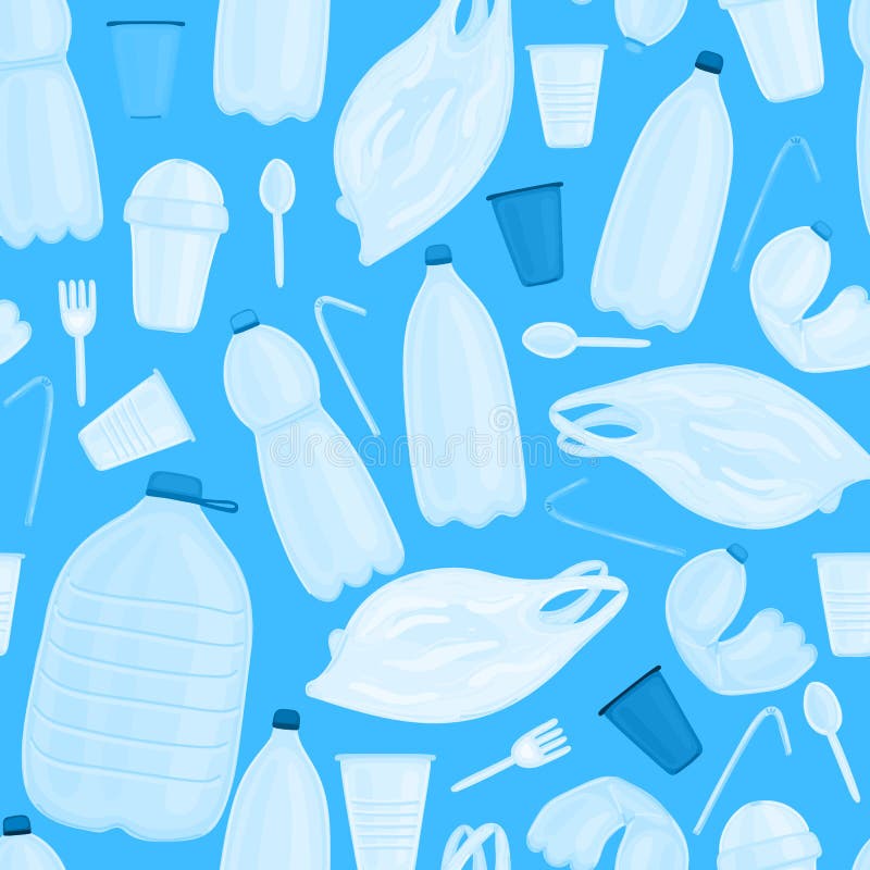 Vector seamless pattern with plastic objects. Stop ocean pollution. Waste in water. Garbage underwater. Environmental Protection. Bottle, plastic cup and bag vector illustration Vector seamless pattern with plastic objects. Stop ocean pollution. Waste in water. Garbage underwater. Environmental Protection. Bottle, plastic cup and bag vector illustration
