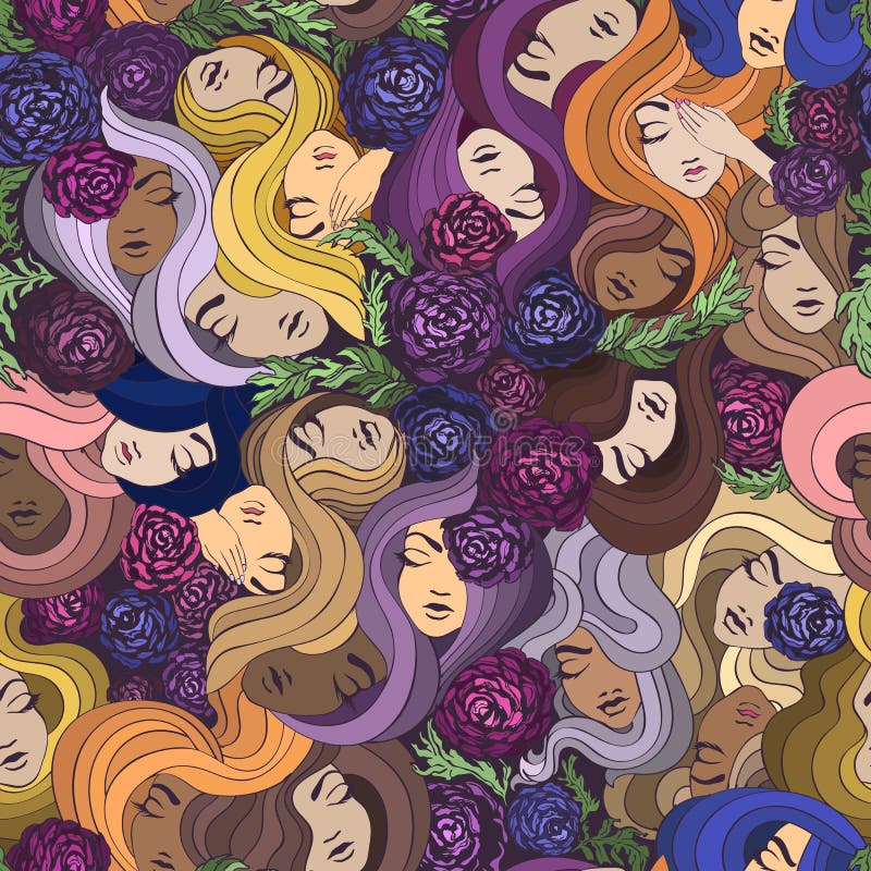 Vector seamless pattern with pretty women, flowers and hair.