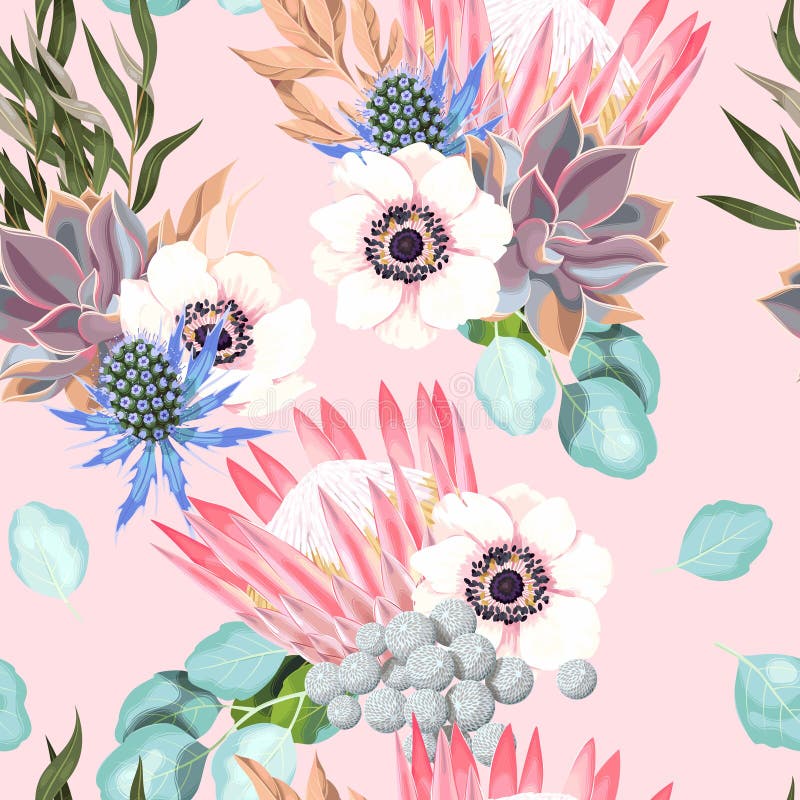Vector seamless pattern with protea and roses stock illustration Vector seamless pattern with protea and roses stock illustration
