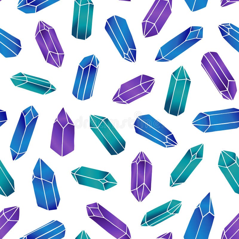 Vector Seamless Pattern with Purple, Green and Blue Crystals on the