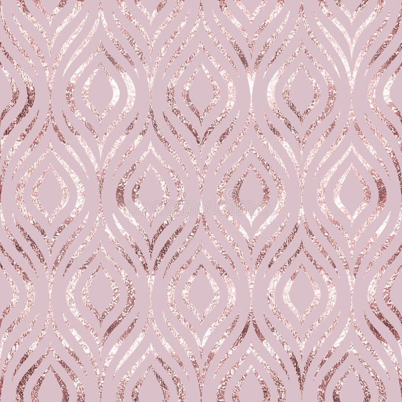 Vector seamless pattern. Rose gold feather peacock. Roses golden foil. Pink background geometric line pastel color. Delicate marble texture. Soft sparkle. Elegant abstract design gift wrappers, prints