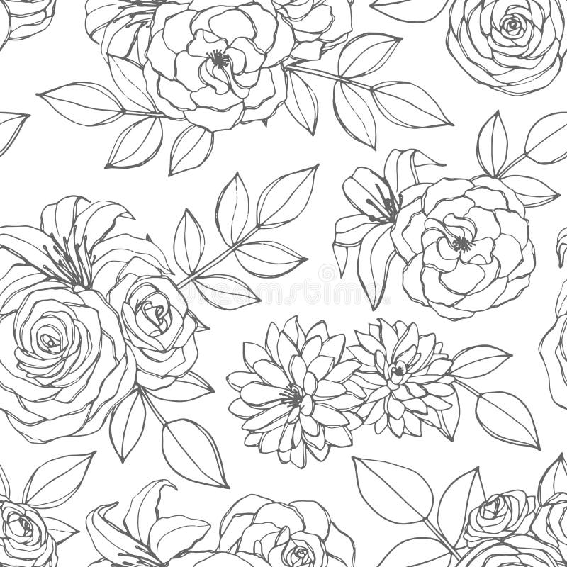 Vector seamless pattern with rose, lily, peony and chrysanthemum flowers line art on the white background. Hand drawn floral stock illustration