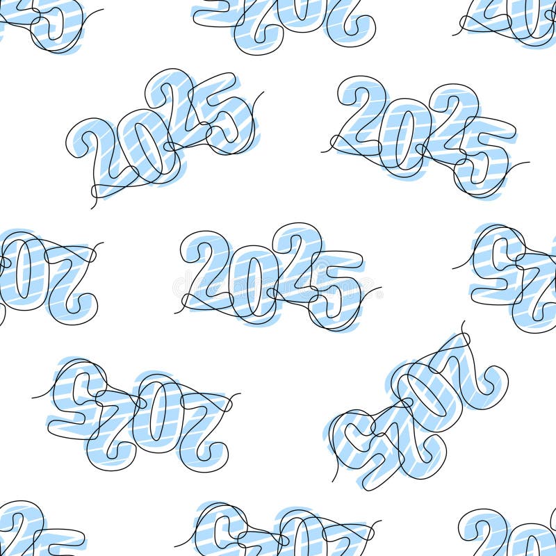 Vector seamless pattern with 2025 single continuous line. New Year concept. Holiday greeting card headline decoration. Date vector illustration