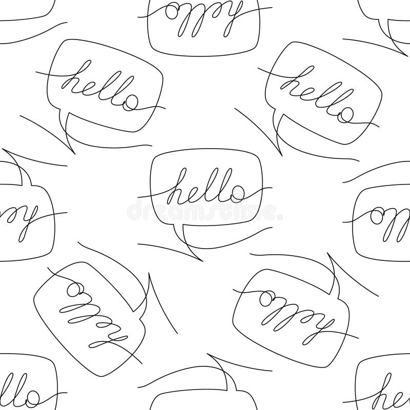 Vector seamless pattern with speech bubbles with word hello. Hand drawn one continuous line. Bubble with word Hello. Vector doodle royalty free illustration