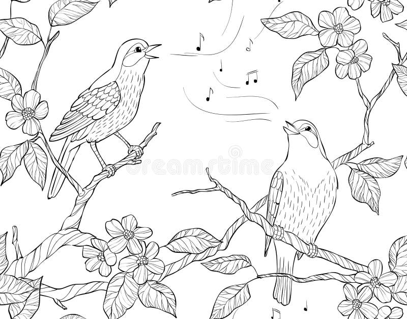 Vector seamless pattern. Spring garden composition. A bird sings on a bloom branch.