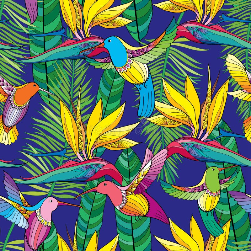 Vector seamless pattern with Strelitzia reginae and colorful flying Hummingbird or Colibri in contour style on the blue background royalty free illustration