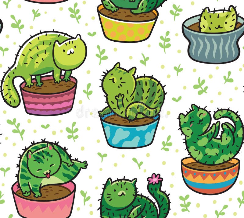 Vector Seamless Pattern with Succulents and Cactuses in the Form of