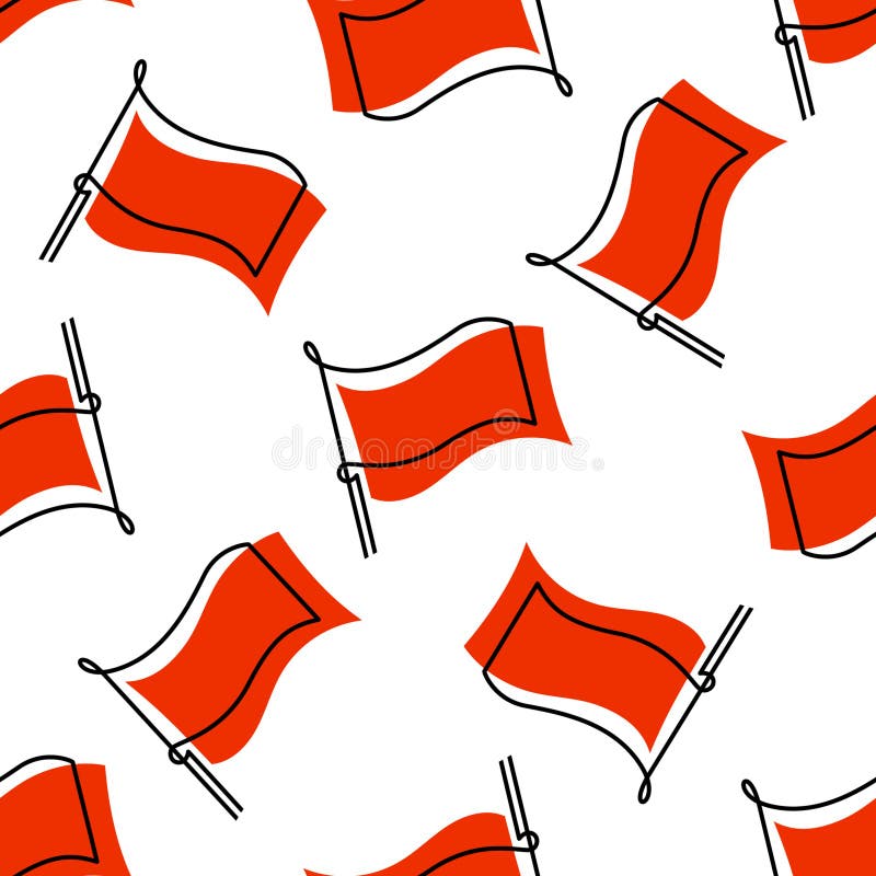 Vector seamless pattern or texture with red flags, continuous one line art hand drawing. Flags isolated on white background. royalty free illustration