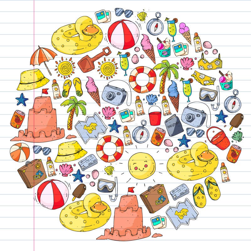 Vector seamless pattern with travel and beach icons. stock illustration Vector seamless pattern with travel and beach icons. stock illustration