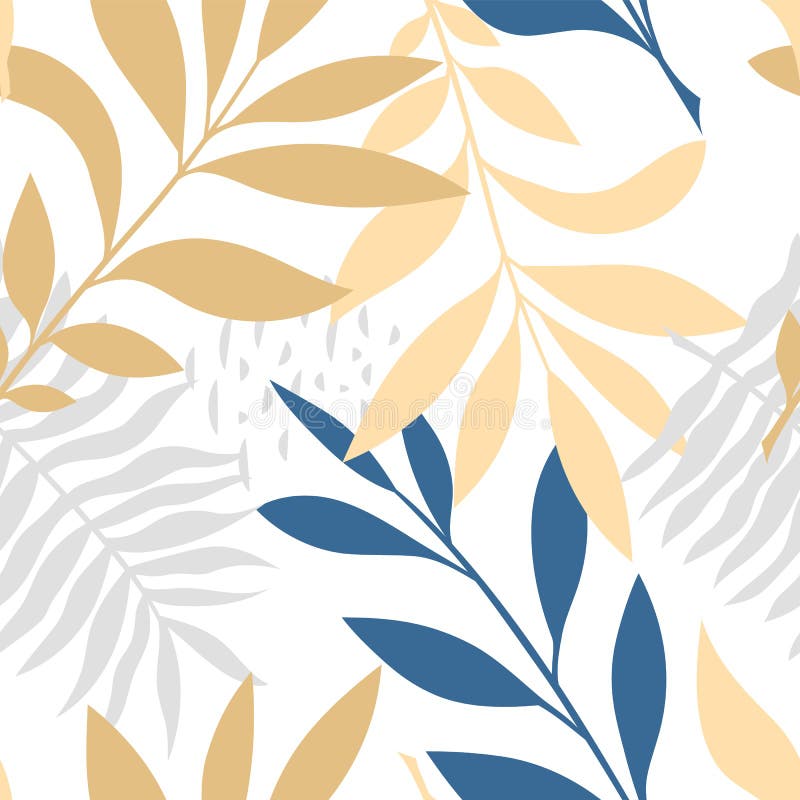 Vector seamless pattern with tropical leaves, exotic twigs in blue, nude, gray colors