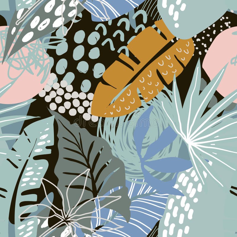 Vector seamless pattern with tropical plants and hand drawn abstract textures. stock illustration Vector seamless pattern with tropical plants and hand drawn abstract textures. stock illustration