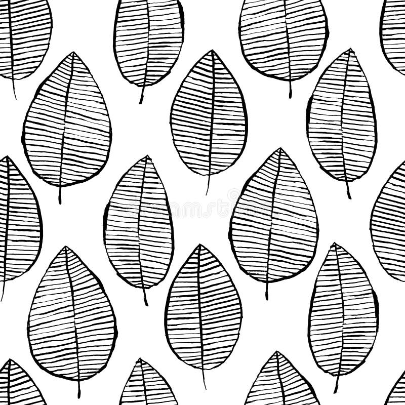 Vector seamless pattern with watercolor hand drawn leaves. Black white outline background. Trendy scandinavian design stock illustration