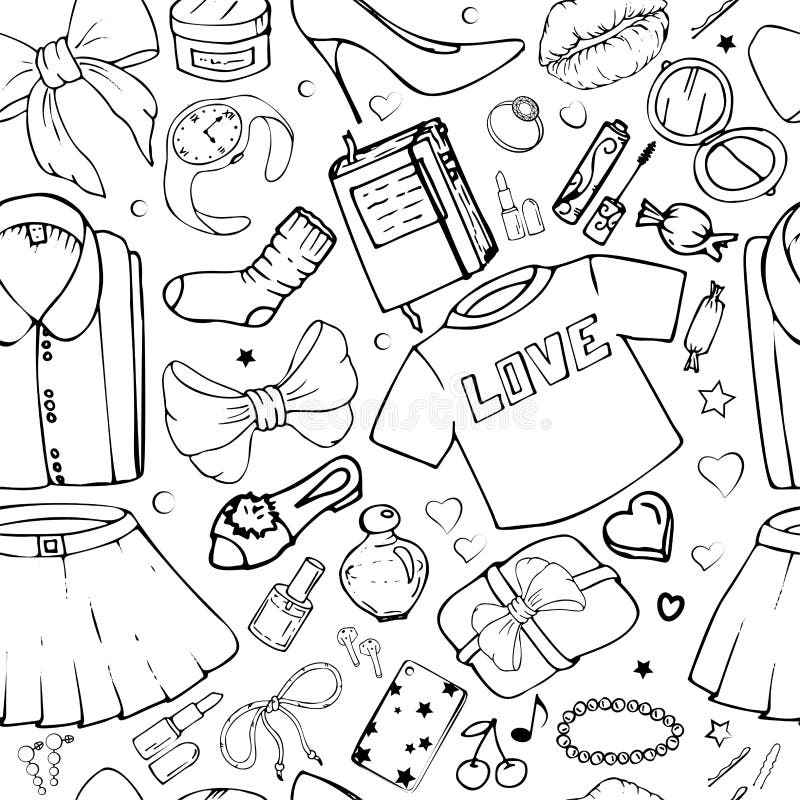 Vector Seamless Patterns with Girls Stuff. Fashion Illustration