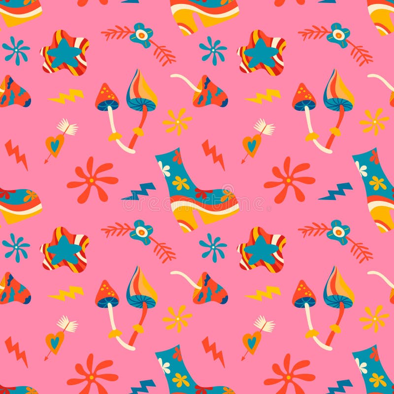 Vector seamless patterns, groovy hippie backgrounds, Retro 70s psychedelic. Bright funky print. stock illustration