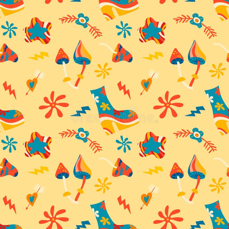 Vector seamless patterns, groovy hippie backgrounds, Retro 70s psychedelic. Bright funky print. royalty free illustration