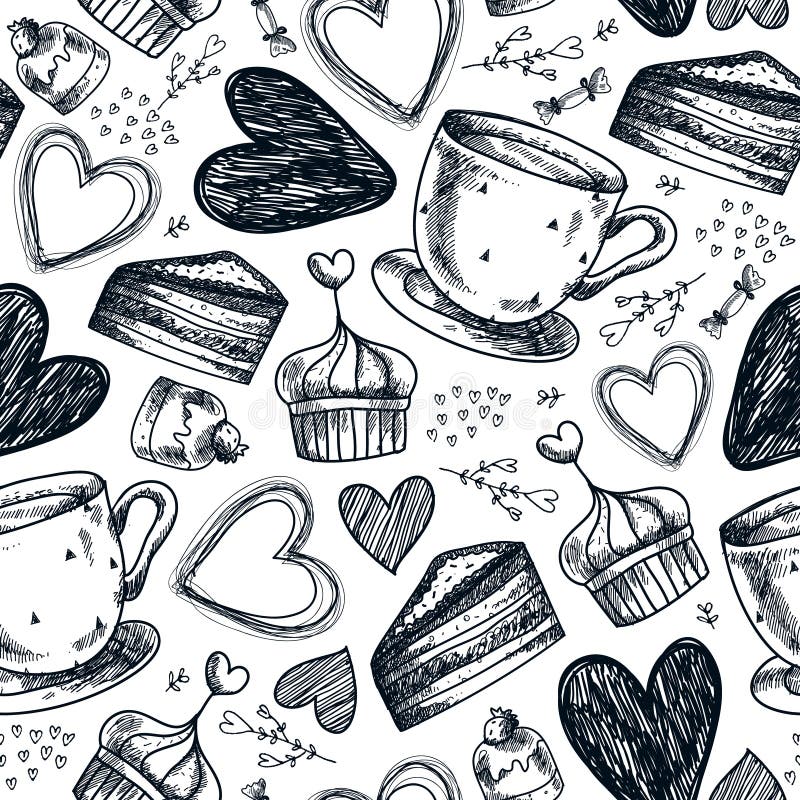 Vector seamless tea party, coffee, cupcakes, sweets, hearts hand drawn pattern. vector illustration