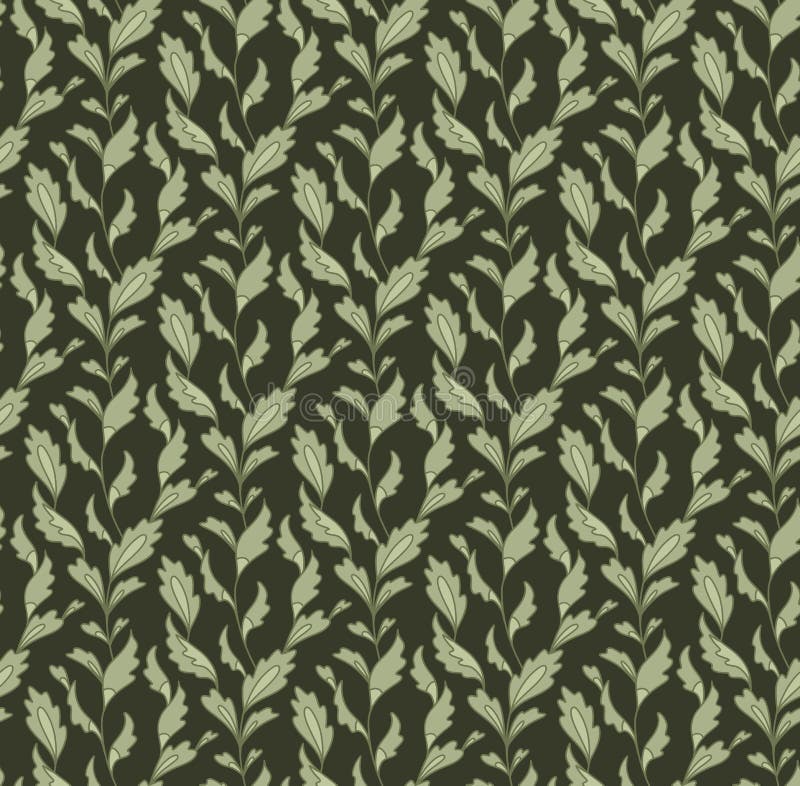 Vector seamless texture with contour sagebrush branches on dark green background. Botanical texture with cartoon wormwood stock illustration