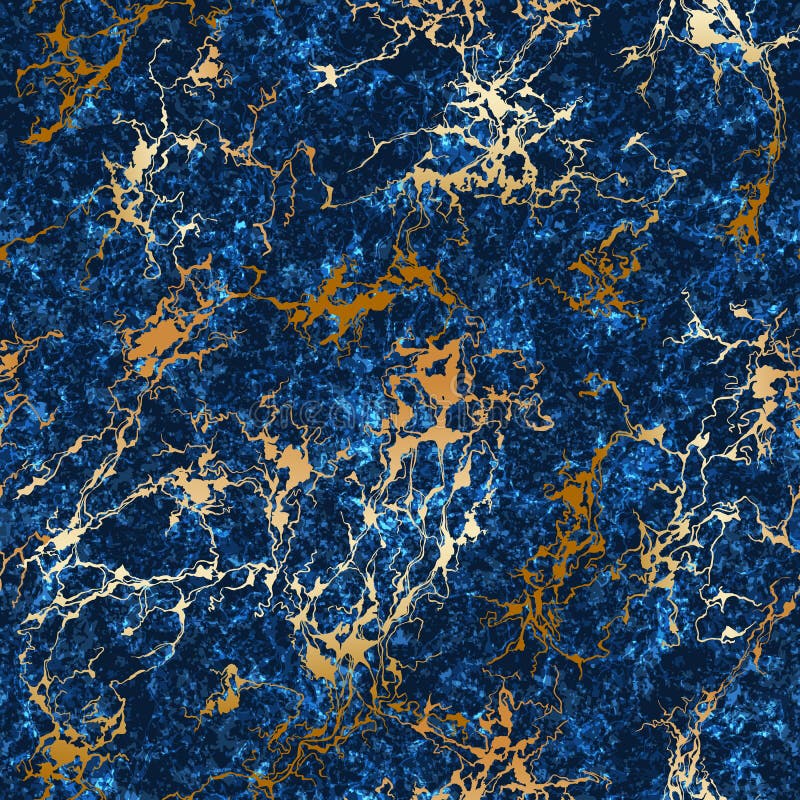 Seamless textured marble pattern with gold veins. Luxury golden granite on dark blue background royalty free illustration