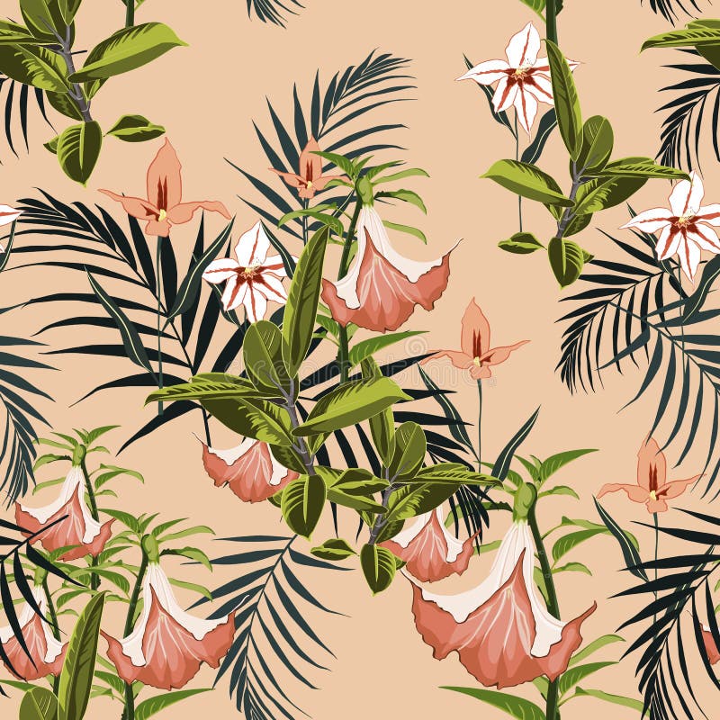 Vector seamless tropical pattern, vivid tropic foliage, with palm leaves, tropical lilies flower, orchid in bloom. Modern bright summer print design. Vintage background. Vector seamless tropical pattern, vivid tropic foliage, with palm leaves, tropical lilies flower, orchid in bloom. Modern bright summer print design. Vintage background.