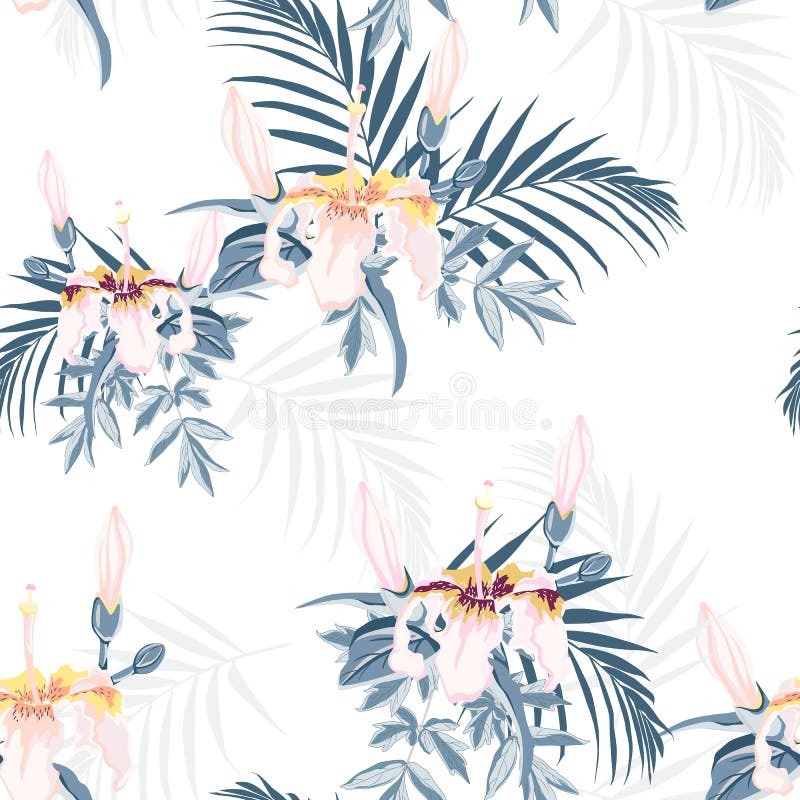 Vector seamless tropical pattern, vivid tropic foliage, with palm leaves, tropical pink flower in bloom. Modern bright summer print design. Vintage background. Vector seamless tropical pattern, vivid tropic foliage, with palm leaves, tropical pink flower in bloom. Modern bright summer print design. Vintage background.