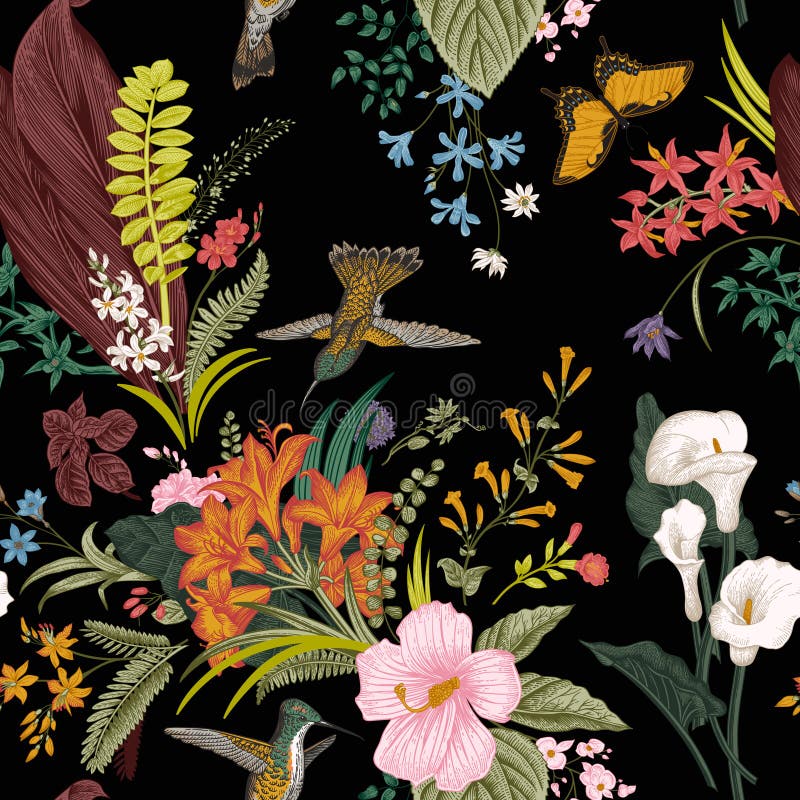 Vector seamless vintage floral pattern. Exotic flowers and birds.