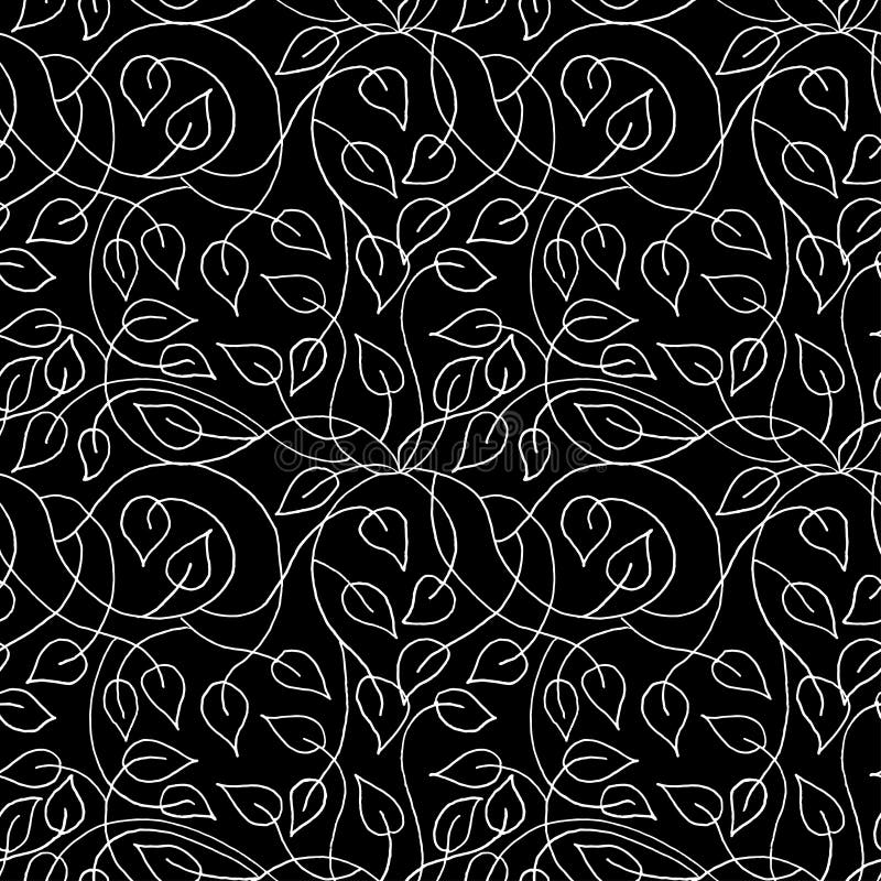 Vector Seamless White Leaves on Black Background. Hand Drawn Pen