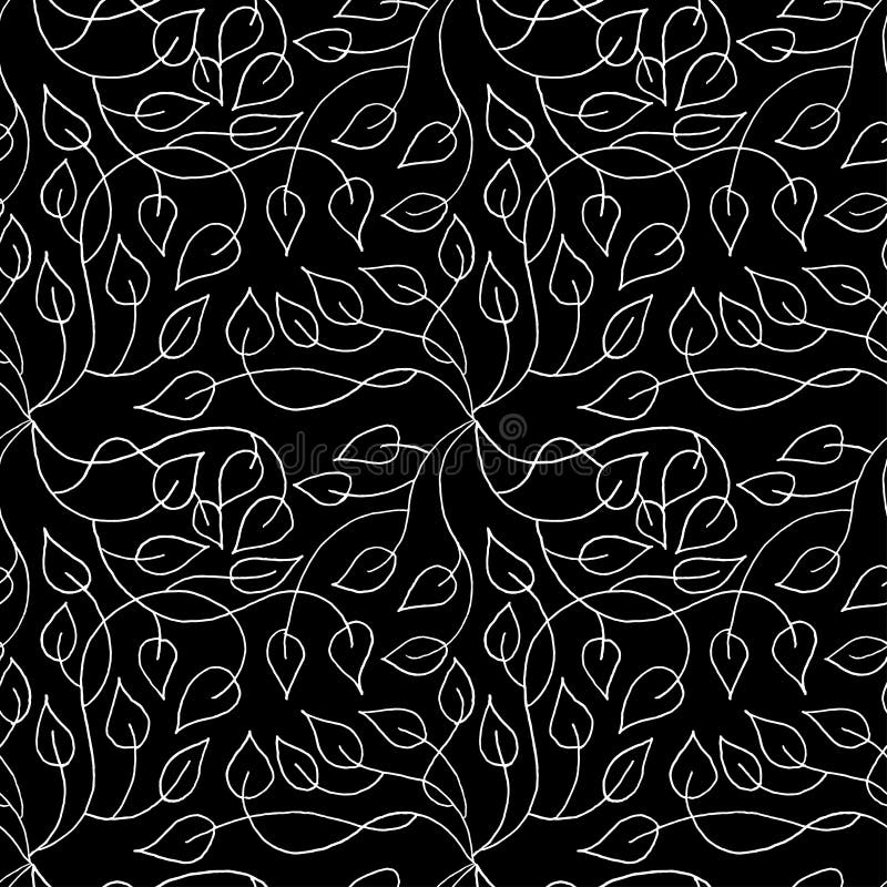 Vector Seamless White Leaves on Black Background. Hand Drawn Pen