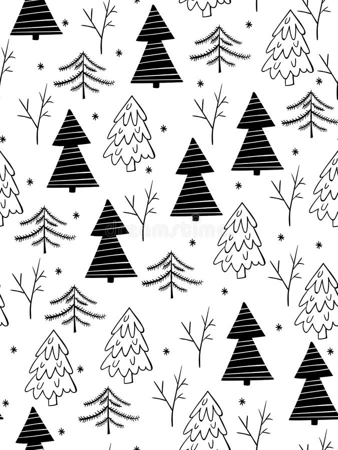 Vector Seamless Winter Pattern from Doodle Hand Drawn Winter Trees and ...