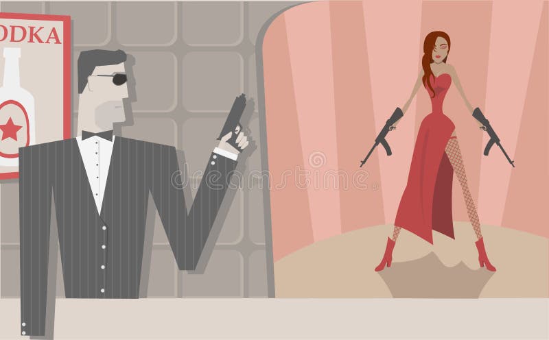 Secret Agents in Different Poses. Handsome Man and Beautiful Woman with Gun  in Hands. Male in Black Suit, Female in Ilustração do Vetor - Ilustração de  loira, estar: 147469440